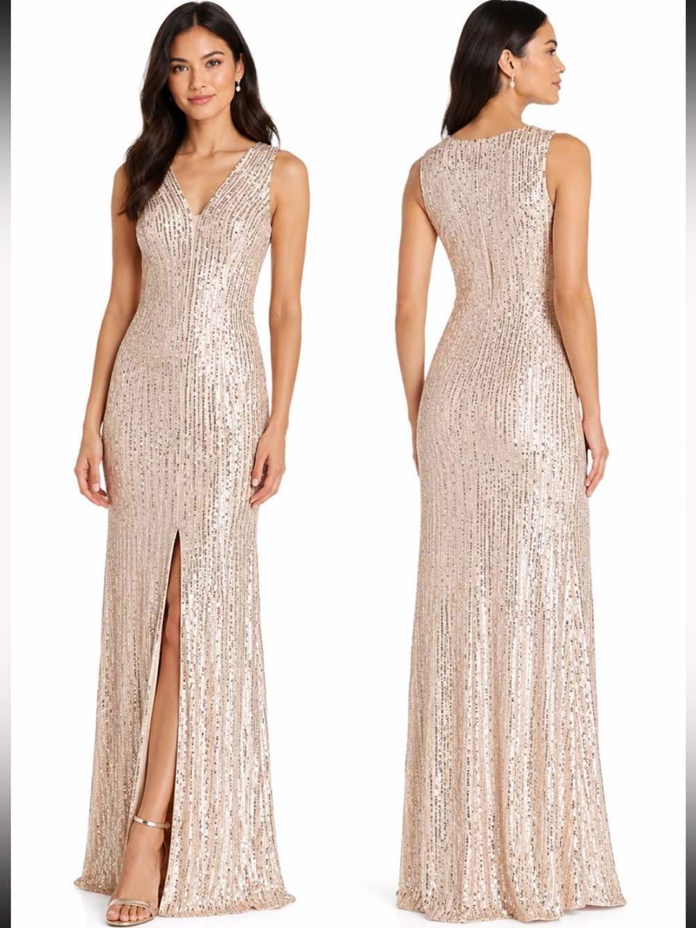 Aidan Mattox sleeveless V-Neck long Champaign sequence dress